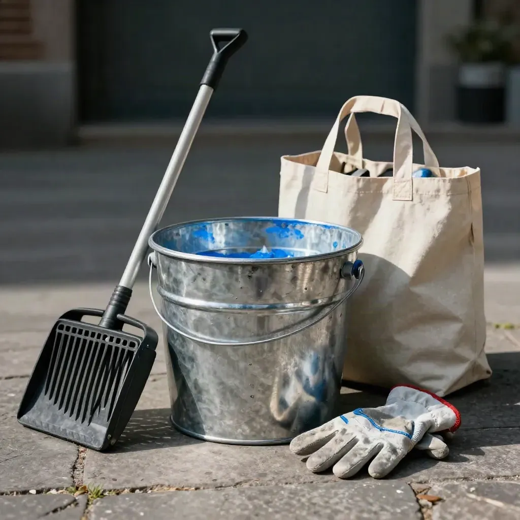 Emmer, prikstok, handschoenen en canvas tas na een schoonmaakactie in Utrecht