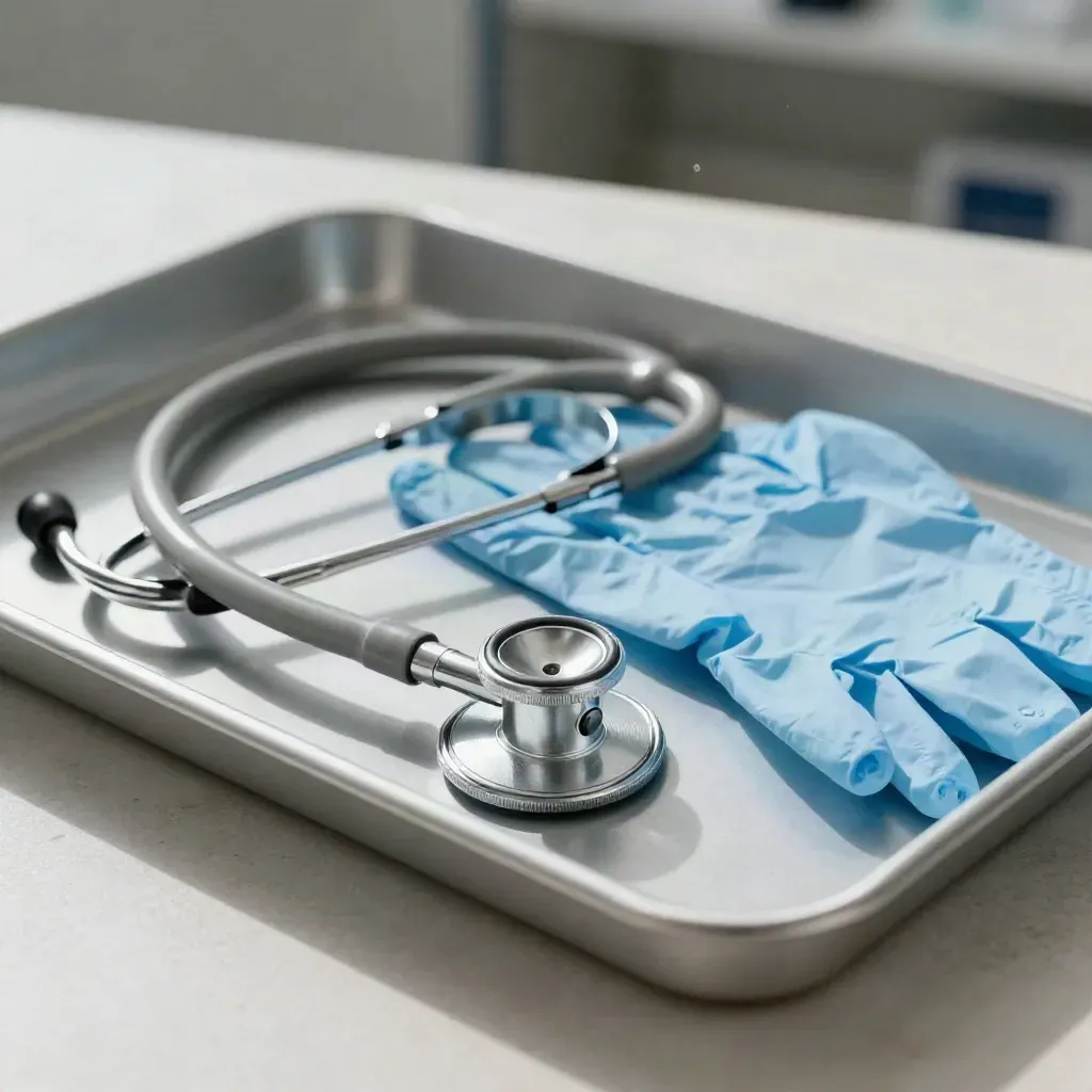 Close-up van stethoscoop, handschoenen en medicijnbakje op een lichte stenen tafel.