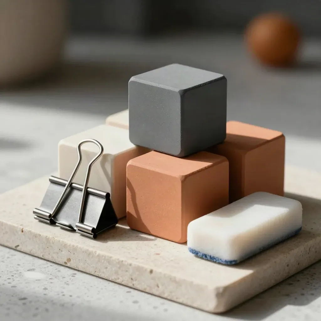 Close-up van planningblokken, binderclips en een witte wisser op travertin.
