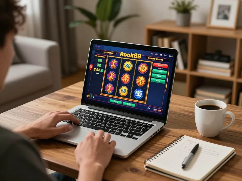 Memainkan permainan slot rokok88 dengan catatan strategi di samping laptop di ruang tamu yang nyaman.