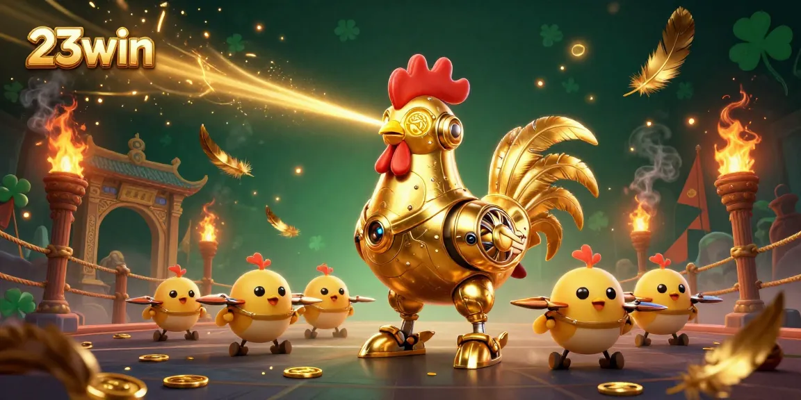 Engage in thrilling gaming at 23win with a dynamic casino scene featuring a golden rooster robot.