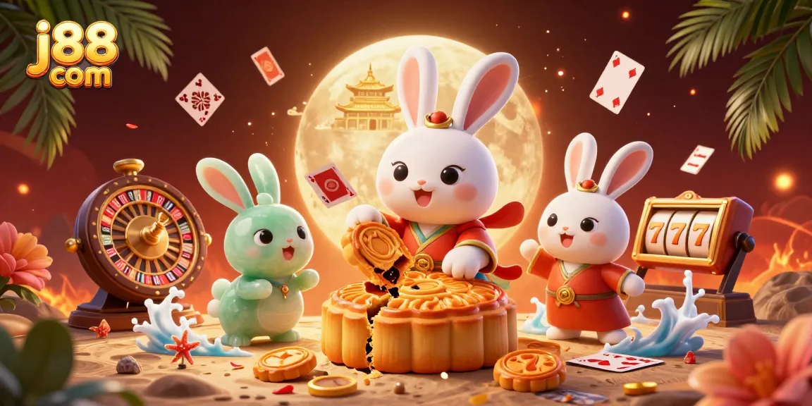 Join the excitement at j88 com with a vibrant 3D moon rabbit illustration showcasing casino thrills.