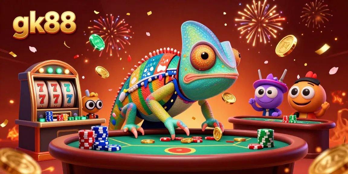 Engage with gk88's vibrant casino as the chameleon owner delights in winning moments with golden coins and fun gaming elements.