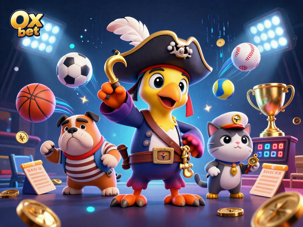 Watch the pirate captain and his crew conquer games with Ox bet in this dynamic, colorful sports betting scene.