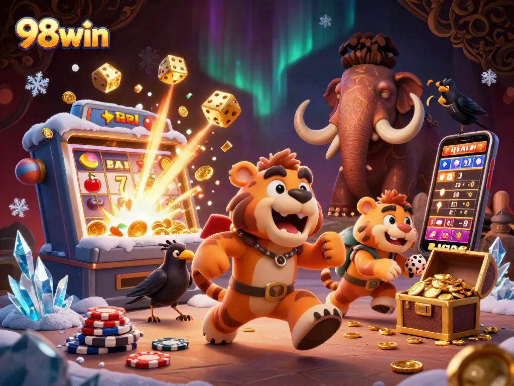 Experience 98win's exciting thrills with a vibrant prehistoric casino scene featuring jackpot bursts and colorful games!
