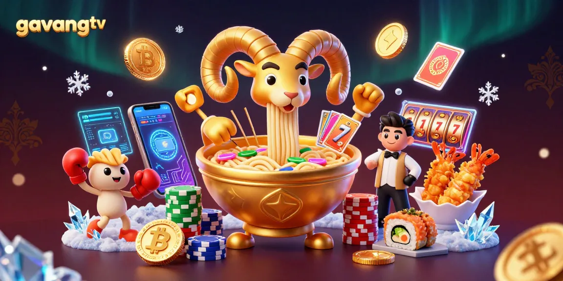 Join the gaming action with gavangtv as a golden ramen bowl deals cards in an exciting casino scene.