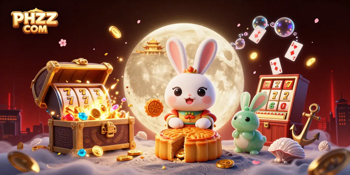Experience thrilling gameplay with PHZZZ COM as moon rabbits reveal poker treasures in a vibrant casino atmosphere.