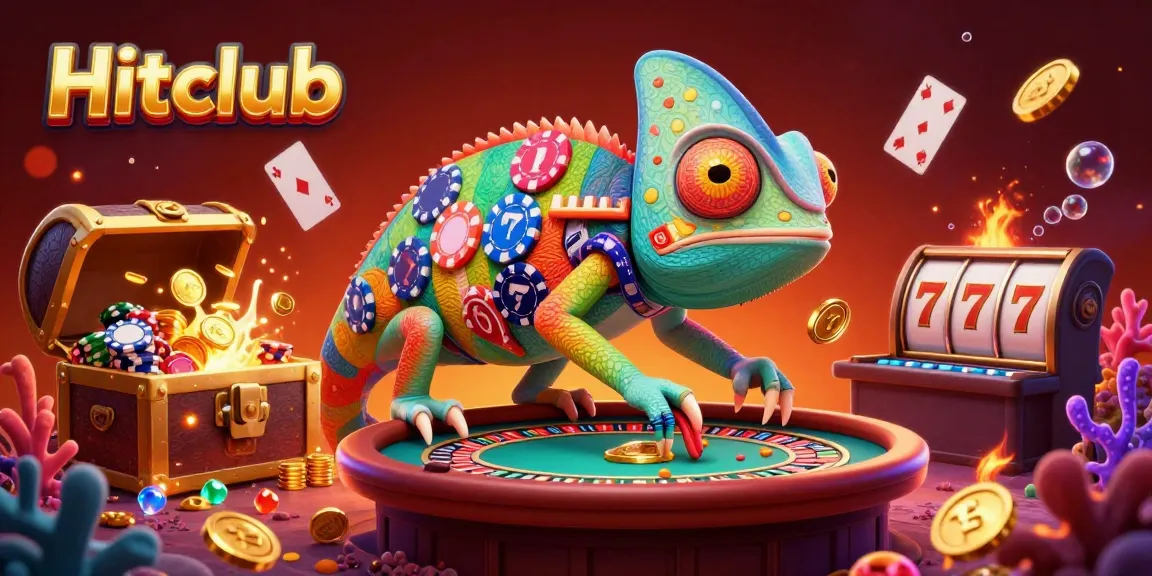 Hitclub showcases vibrant casino excitement with a chameleon owner, golden coins, and slot reels.