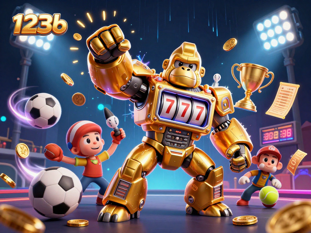 Engage with 123b's exciting gambling universe featuring dynamic sports elements and a golden gorilla mech.