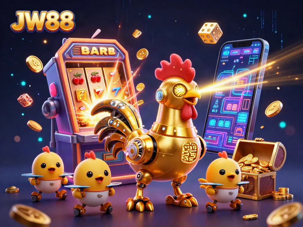 Win big at JW88 with vibrant 3D casino illustration showcasing exciting game elements.