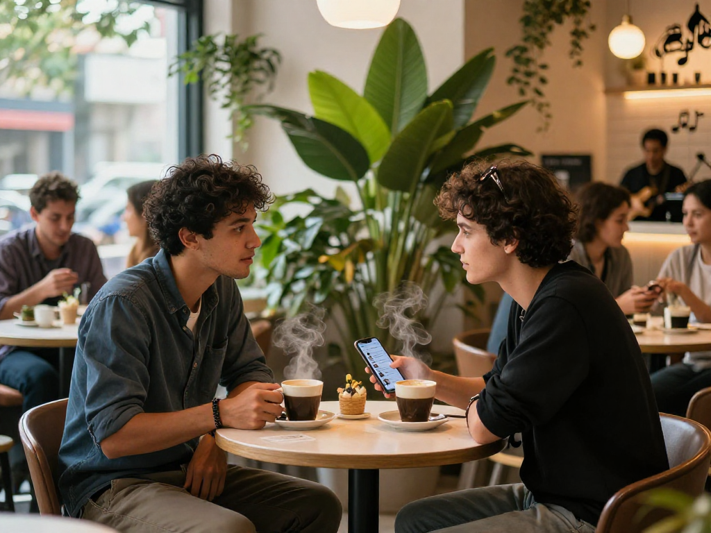 Couple engaging in conversation over coffee while using f168 dating app in cozy cafe.
