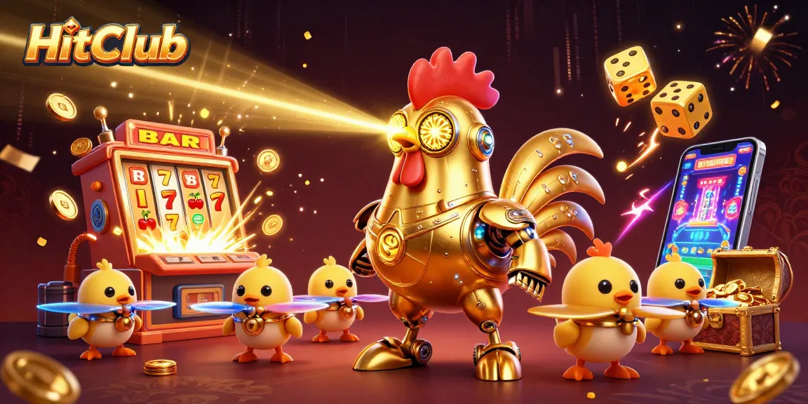 HitClub showcases gamers winning big with vibrant slot machines, falling coins, and engaging visuals.