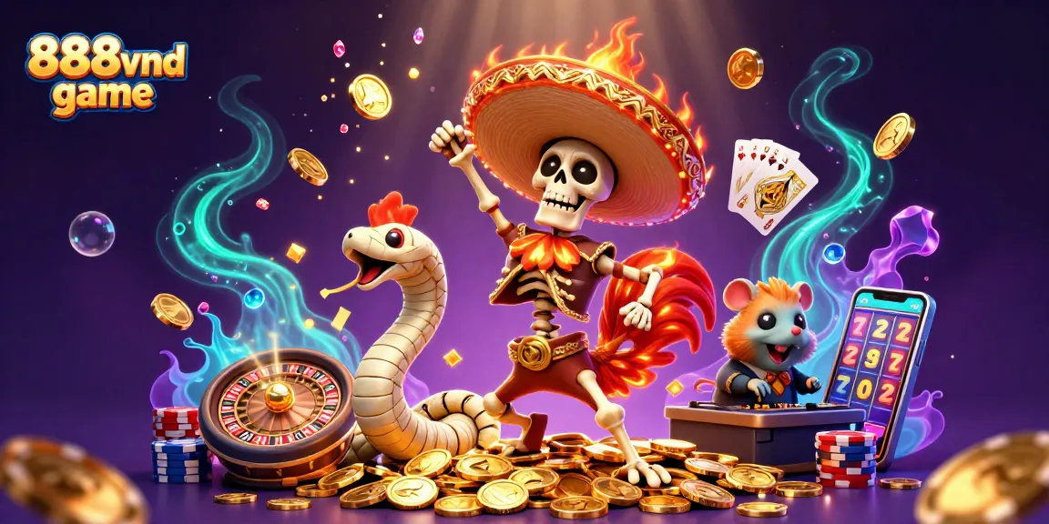 Experience the thrilling 888vnd game with vibrant 3D characters celebrating wins amidst golden coins.
