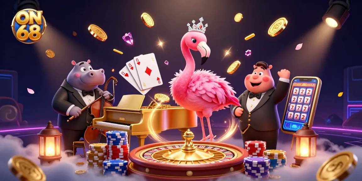 Experience the excitement of ON 68 with vibrant casino elements, showcasing a flamingo singer and hippo bassist.