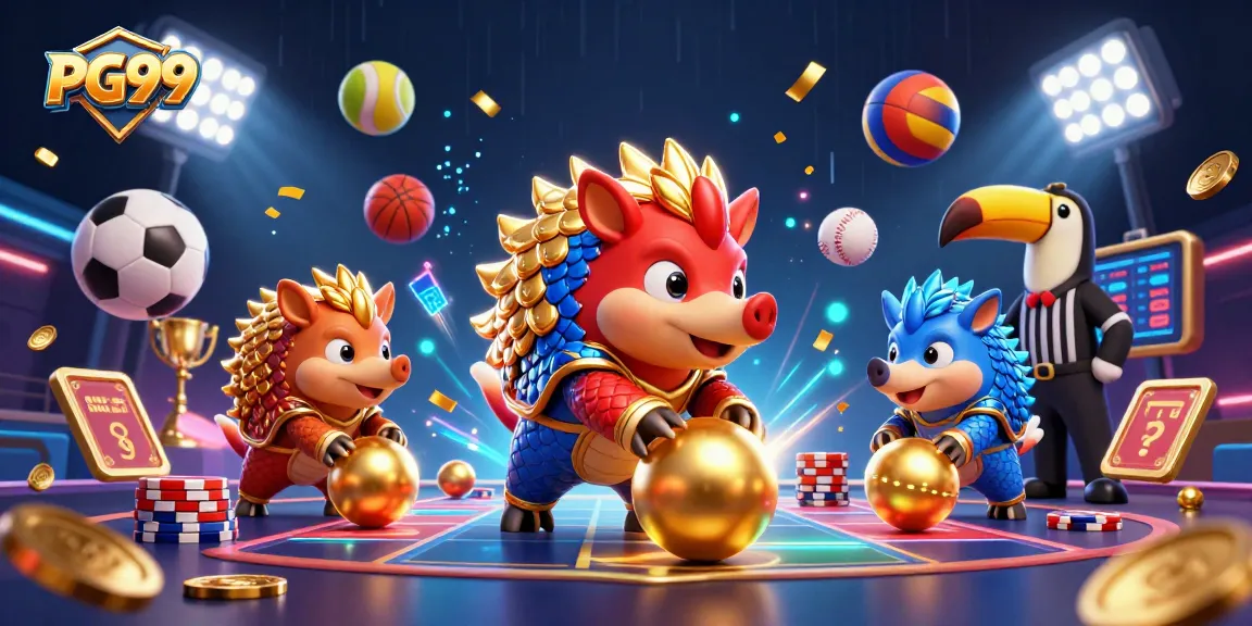 PG99 showcases playful pangolins bowling with golden balls amid vibrant casino elements.