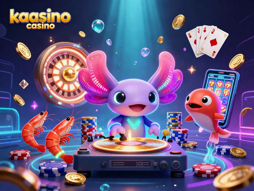 Kaasino casino lively scene featuring an axolotl DJ and dynamic sea creatures amidst animated gaming elements.