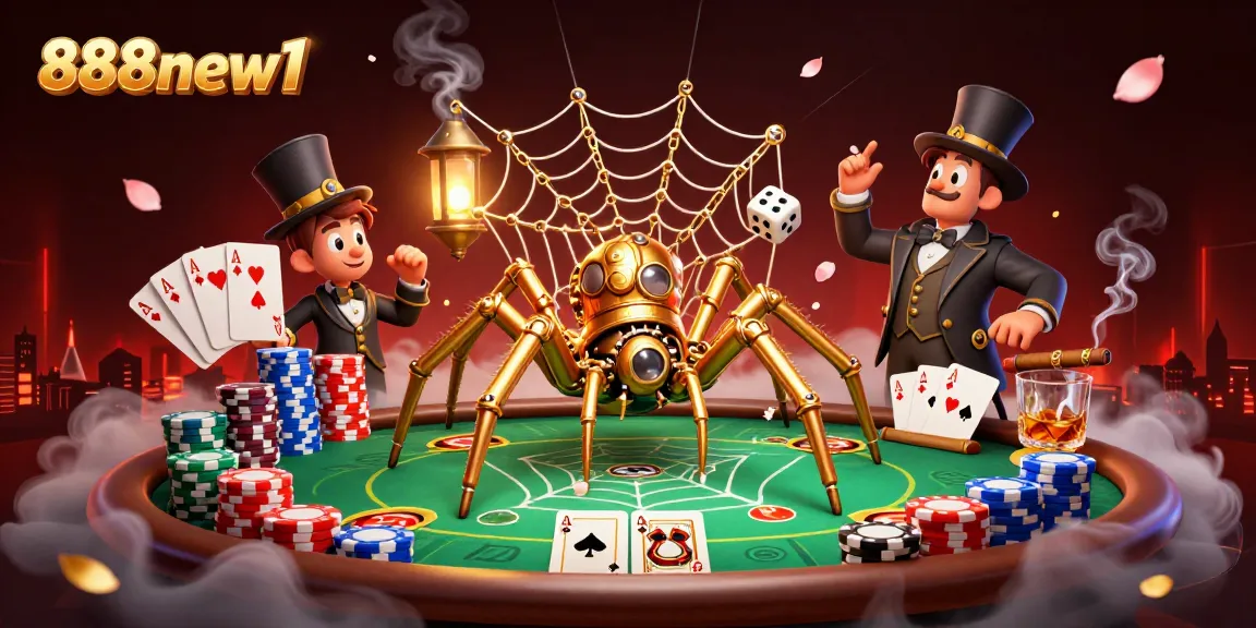 Experience the thrill of 888new1 with a dynamic 3D casino scene featuring poker action and a whimsical spider.
