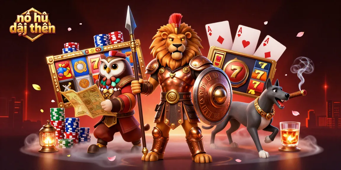 Experience the excitement of nổ hũ đổi thưởng with a heroic animated scene full of slot reels, characters, and vibrant casino elements.