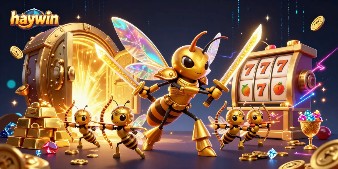 Experience the thrilling haywin casino with vibrant slot reels and dynamic treasure in this captivating illustration.