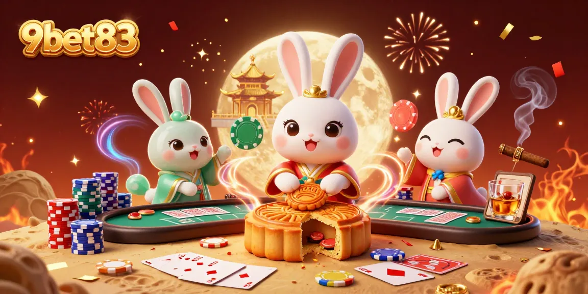 Experience thrilling 9bet83 moments as the moon rabbit reveals poker chips, embodying online casino excitement.