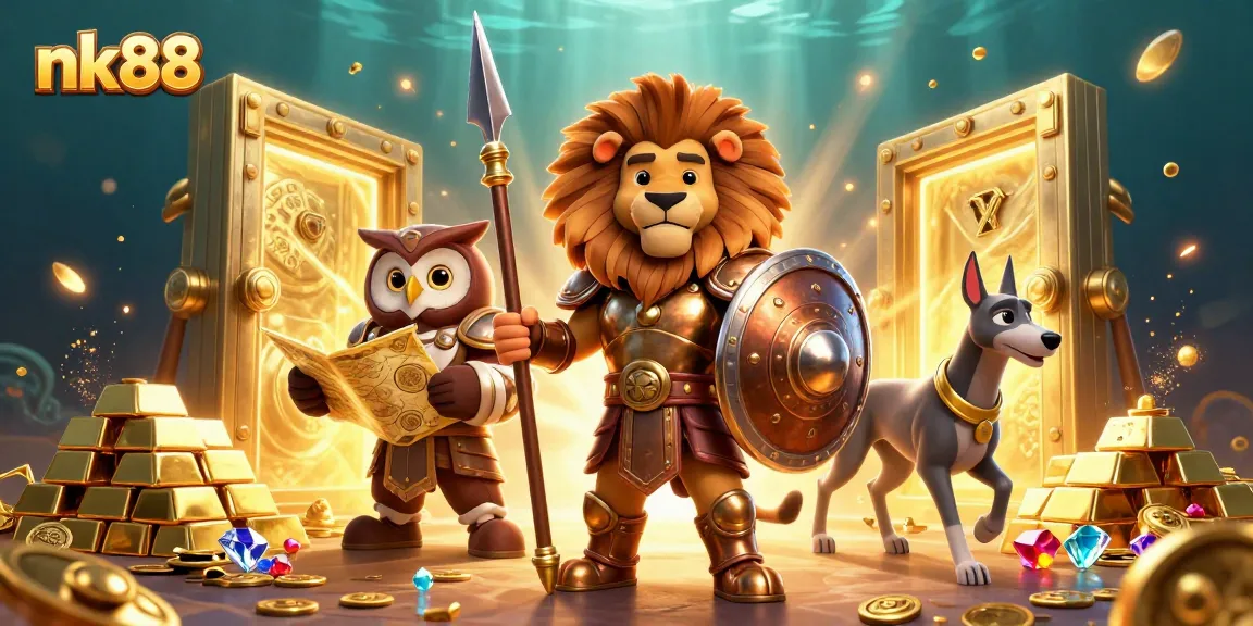Experience the thrill of nk88 with dynamic characters and treasures in a 3D casino scene.