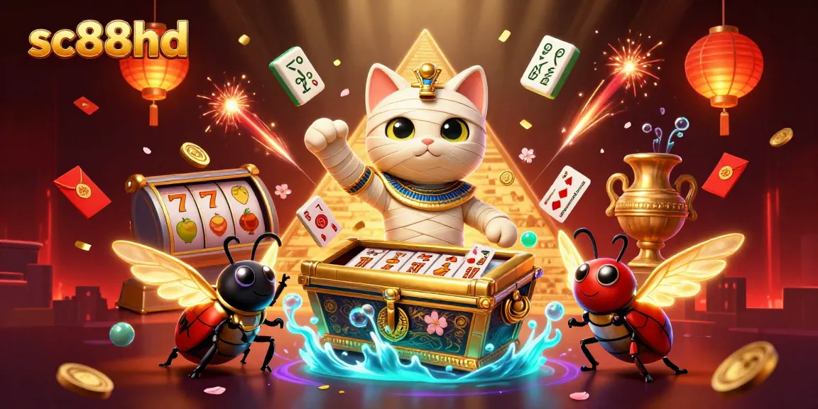 Engage with sc88hd's vibrant pyramid casino featuring an Egyptian mummy cat and dynamic slot elements.
