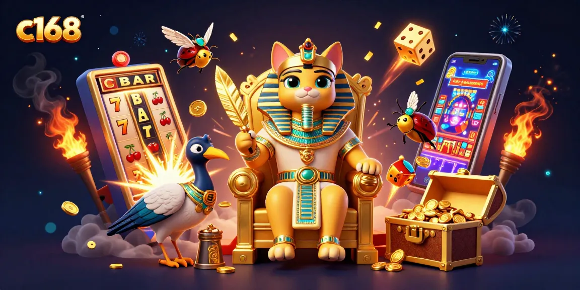 Experience virtual excitement at c168 with a pharaoh cat amidst flourishing casino symbols and gold.
