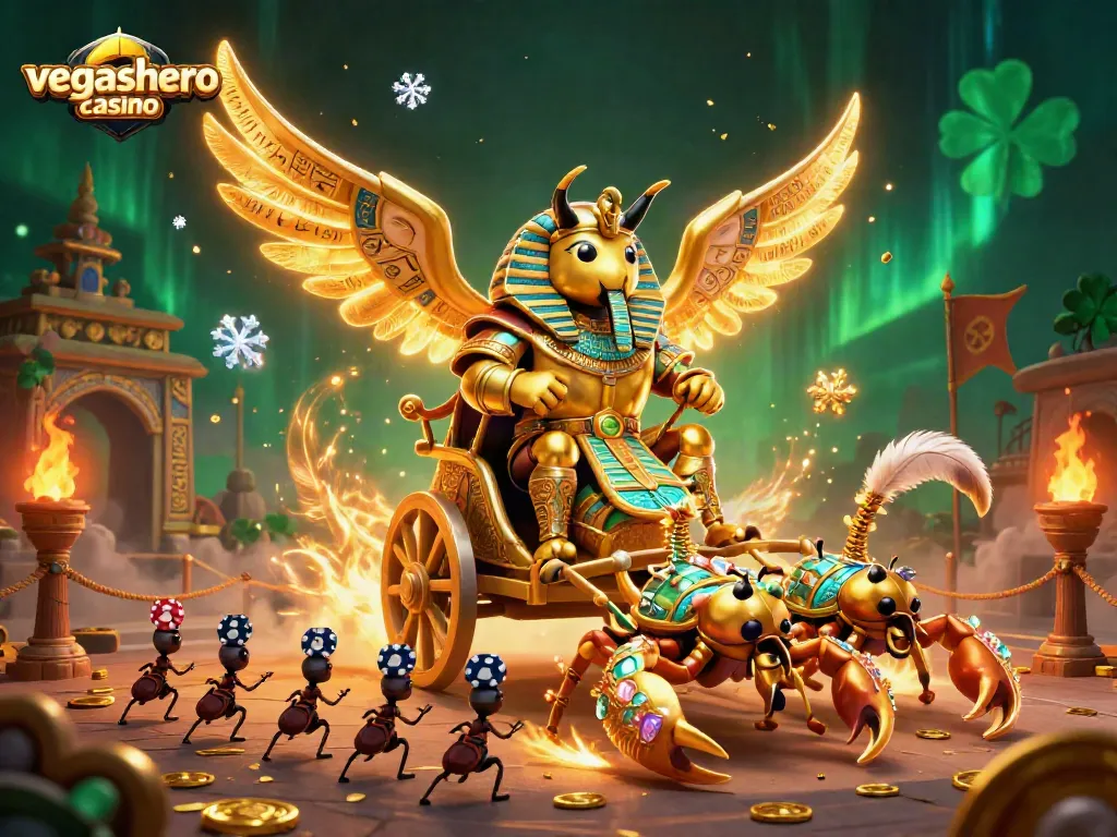Engage with the thrilling vegashero casino experience featuring an epic scene of a golden scarab and scorpion chariot battle.