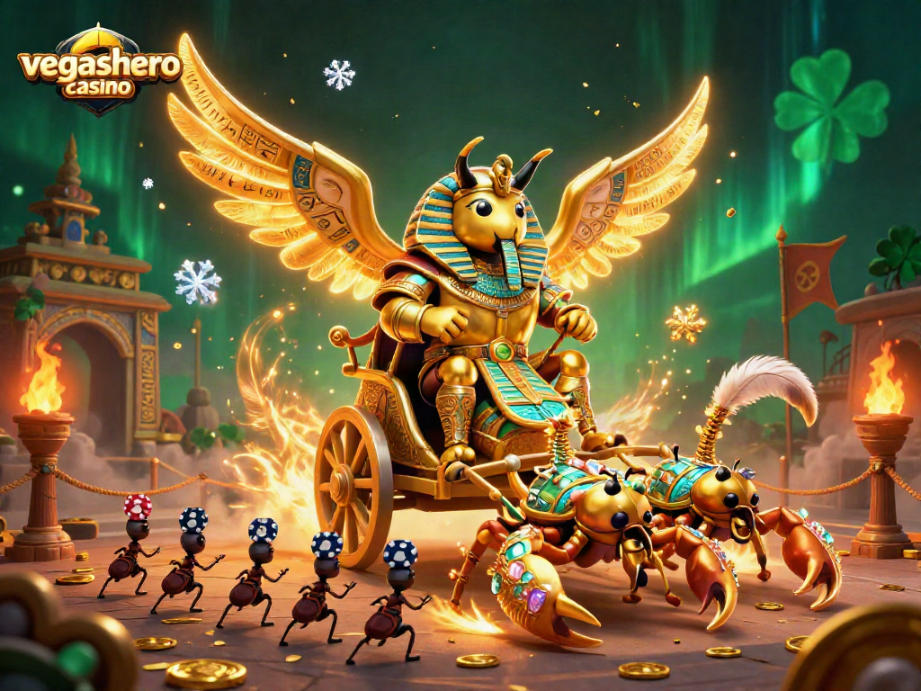 Engage with the thrilling vegashero casino experience featuring an epic scene of a golden scarab and scorpion chariot battle.