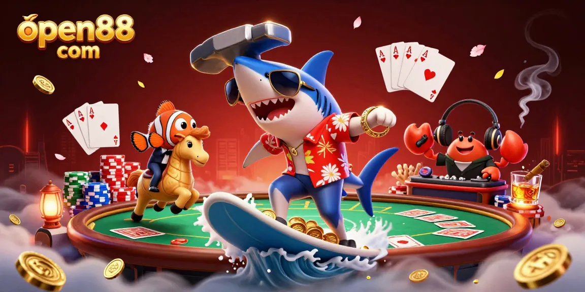 Experience thrilling action with open88 com, as a shark and friends enjoy poker fun in a vibrant casino scene.