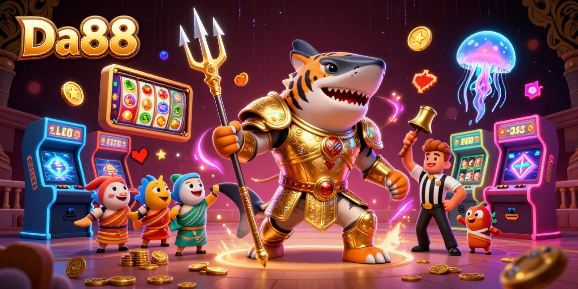 Engage with Da88's exciting games featuring a golden gladiator shark and vibrant arcade elements in a dynamic casino scene.