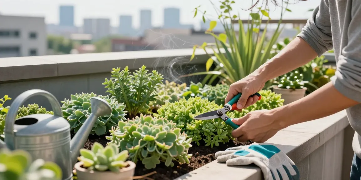 Huiseigenaar onderzoekt de nadelen van sedumdak in een daktuin met gesnoeide planten en tuingereedschap.