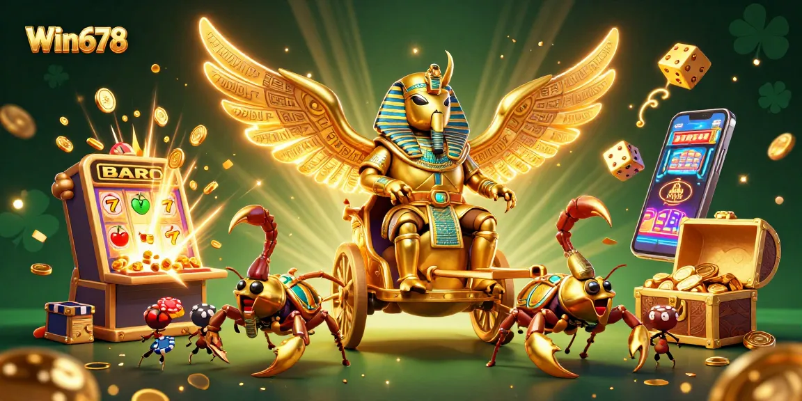 Experience the excitement of Win678 with a vibrant 3D casino illustration depicting intense gaming action and colorful elements.