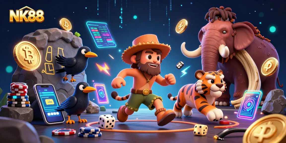 Spin the reels at NK88, featuring a fun caveman and tiger duo in a vibrant casino scene.