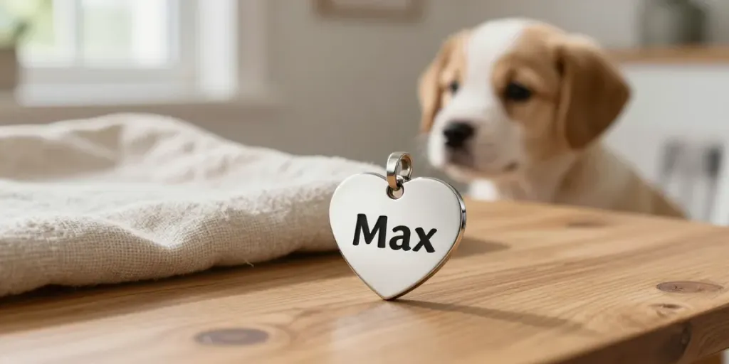 Hartvormige hondenpenning RVS met naam "Max" gegraveerd, ideaal voor jouw huisdier.