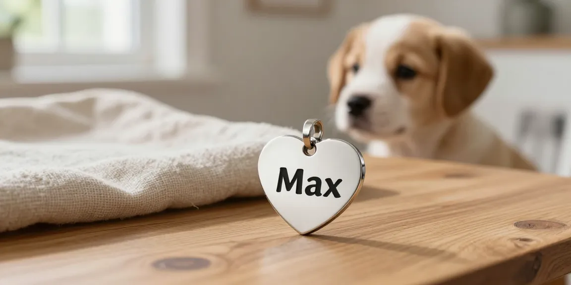 Hartvormige hondenpenning RVS met naam "Max" gegraveerd, ideaal voor jouw huisdier.