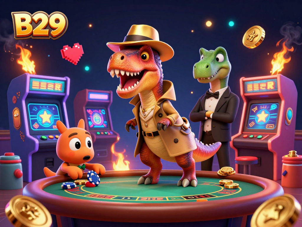B29 offers exciting gameplay with a 3D velociraptor card counter in an elaborate casino scene.
