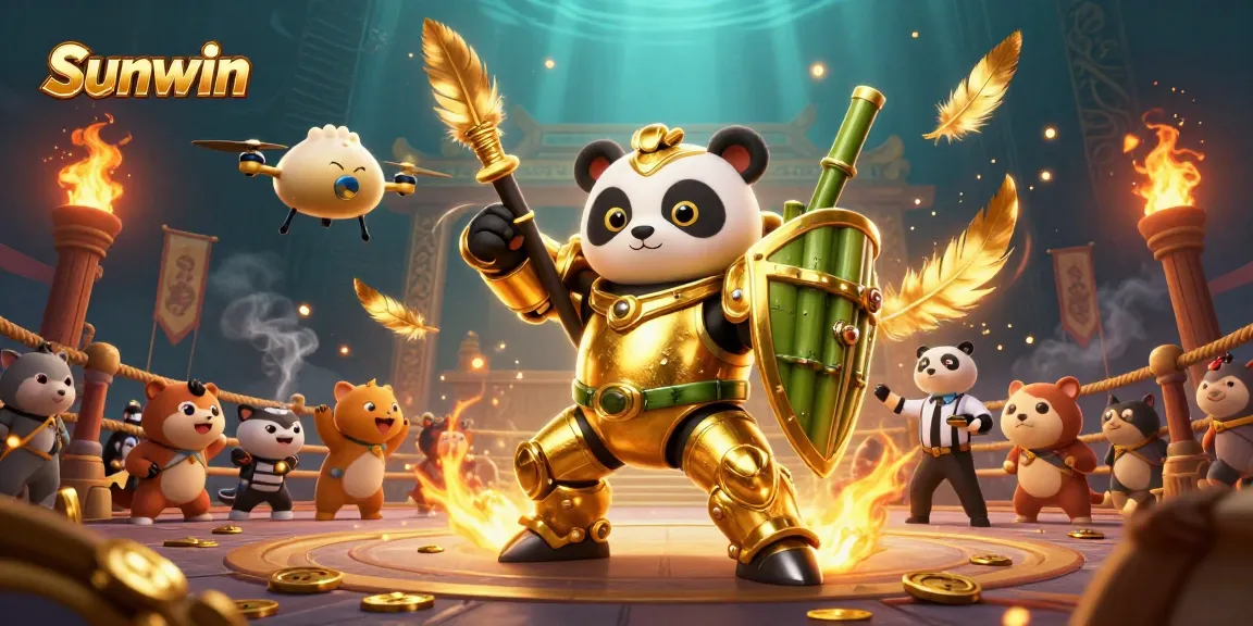 Sunwin delivers thrilling gameplay with a mech-suit panda battling for epic slots in a vibrant arena.