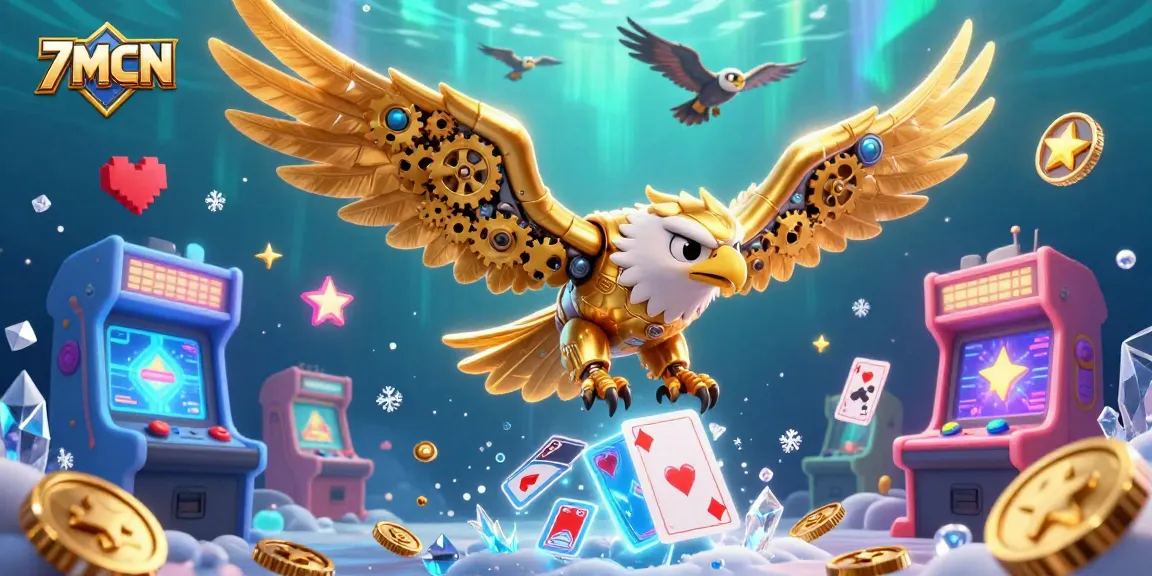 Engaging 7MCN visual of a cybernetic golden eagle diving through holographic playing cards in a dynamic casino-themed scene.