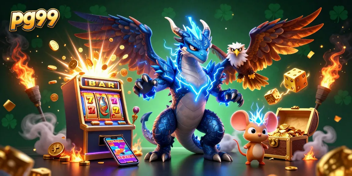 Experience the excitement of pg99 with a vibrant 3D illustration featuring a thunder dragon and dynamic casino game elements.
