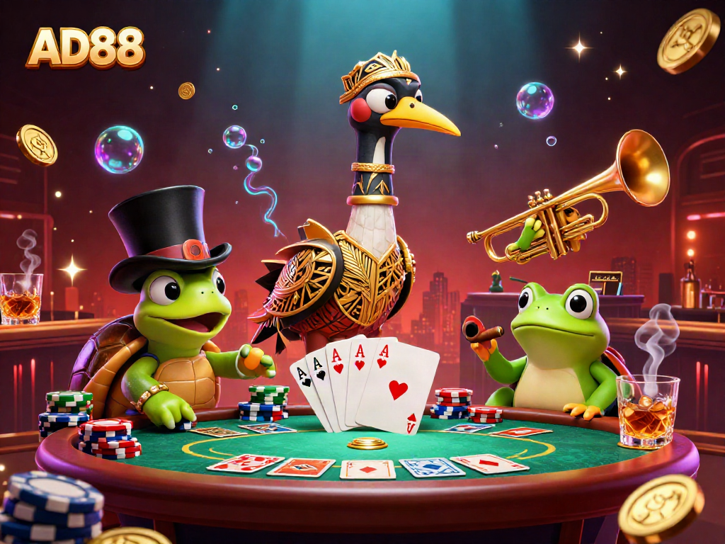 Play at AD88 as a turtle in a top hat and friends celebrate at a vibrant casino scene.