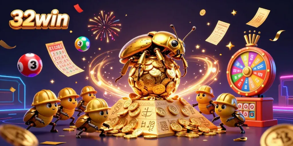 Join the fun at 32win with colorful casino elements celebrating big wins and excitement!