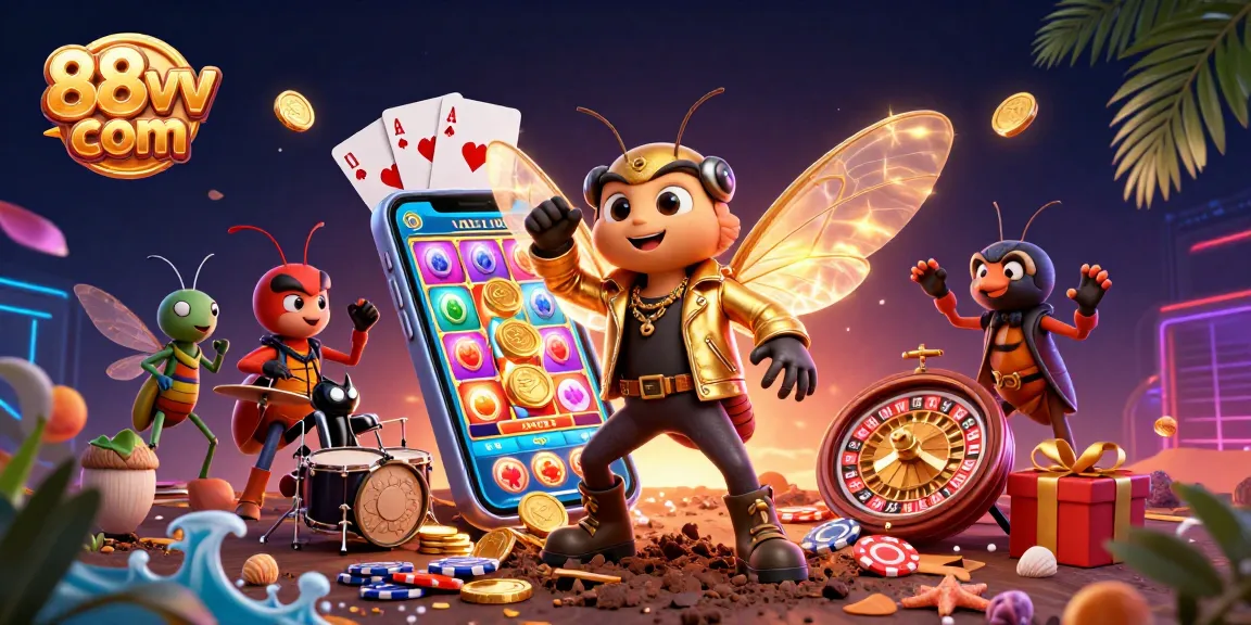 Engage with thrilling games at 88vv com, featuring a vibrant 3D casino scene.