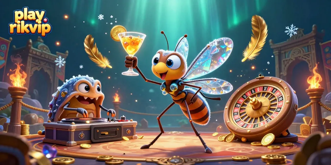 Experience play rikvip with a lively casino mascot and DJ amidst dazzling gaming elements.