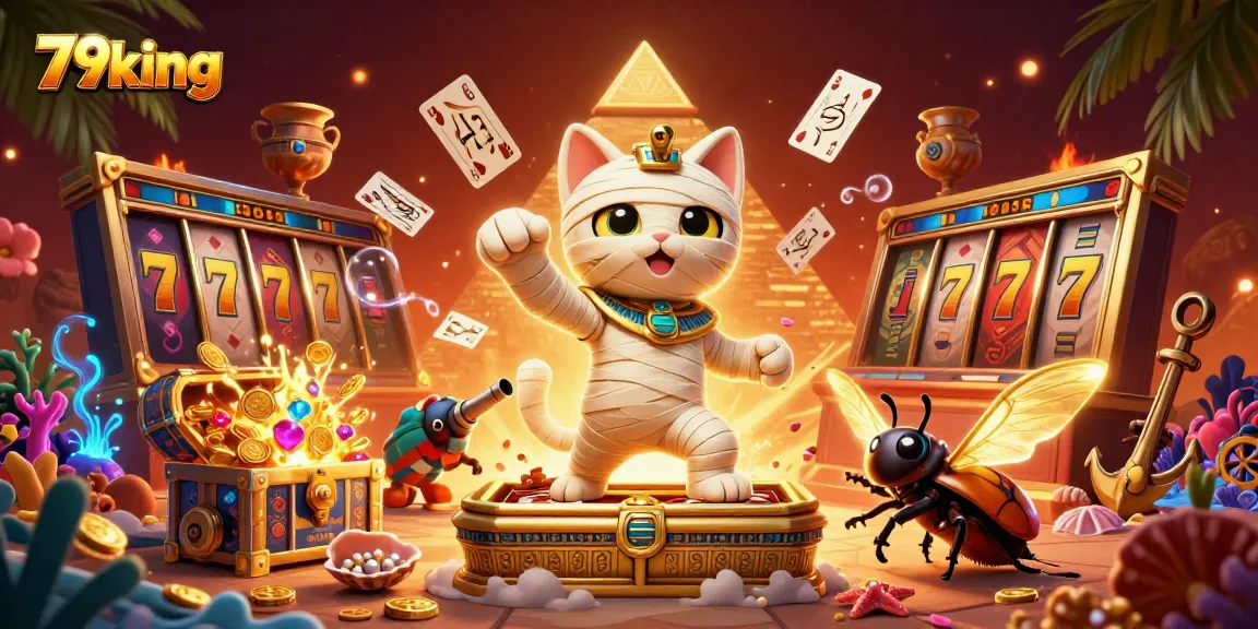 79king offers dynamic gaming fun with a mummy cat and glowing scarab in a vibrant casino scene.