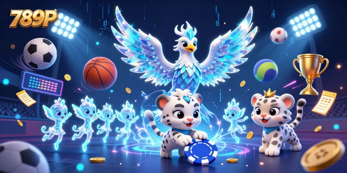 Experience the excitement of betting at 789P with an enchanting illustration of a mystical ice phoenix and vibrant sports elements.