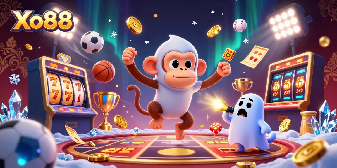 Xo88 casino adventure with a mischievous poltergeist monkey and a curious puppy investigating golden jackpot treasures.