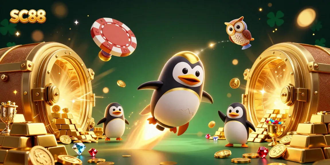 Experience the excitement of SC88 as a golden penguin rockets toward casino riches in this vibrant illustration.