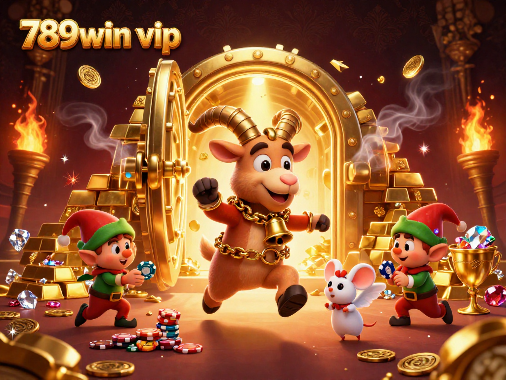 Experience 789win vip at a vibrant casino scene, full of gold treasures and playful characters.