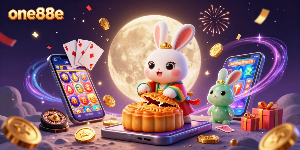 Engage with one88e's dynamic casino universe where a moon rabbit unveils exciting poker chips amidst a vibrant gaming celebration.